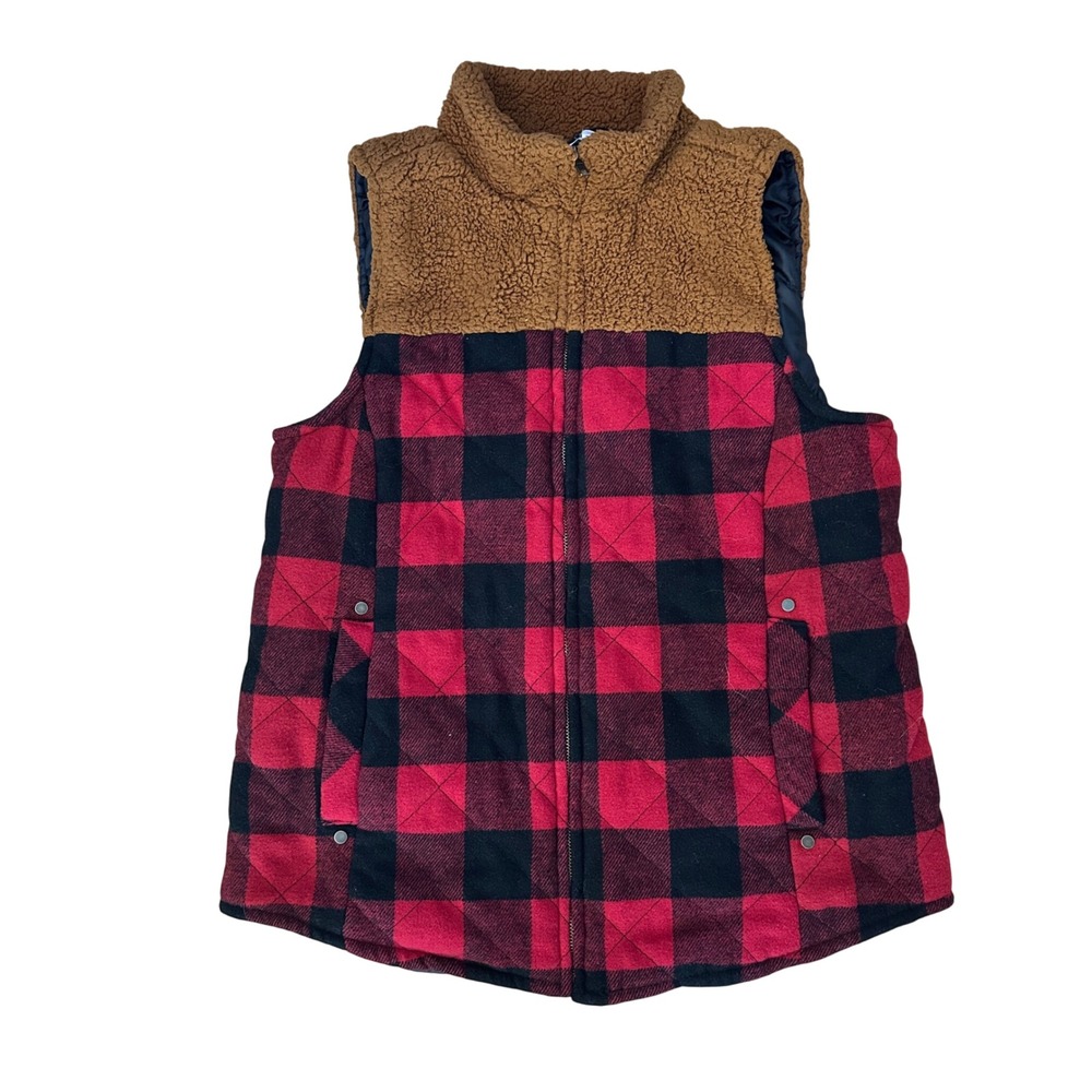 Maurices Vest Women Large Red Black Buffalo Plaid Sherpa‎ Collar Quilted Flannel